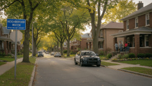 Detroit neighborhood safety sign on a residential street with community members in background