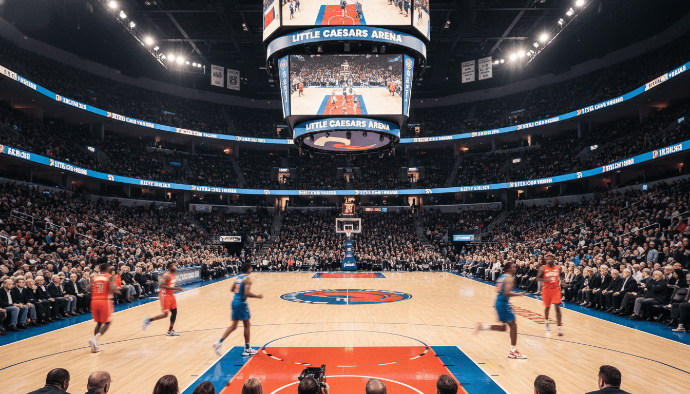 Detroit Pistons vs Knicks schedule matchup graphic on a basketball court