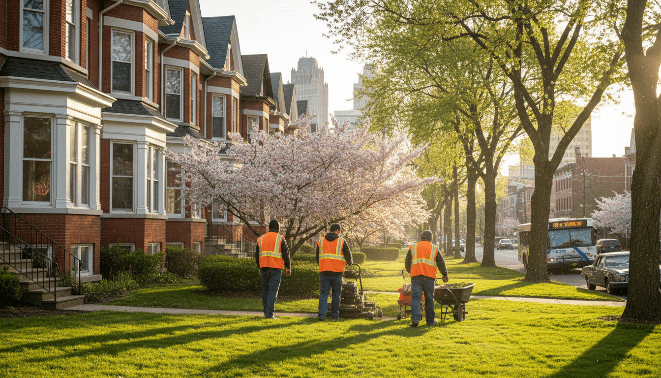 Landscaping crew performing Detroit property maintenance on a residential street during spring