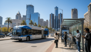 Detroit public transportation electric bus driving on Woodward Avenue in 2026