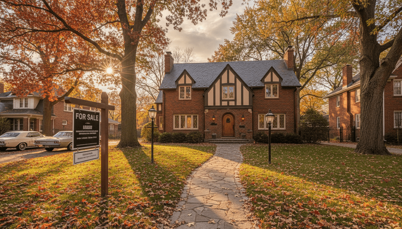 Renovated brick house with a sign for homes for sale Detroit in a residential neighborhood.