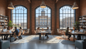 Professionals collaborating in a Detroit remote work hub near Michigan Central Station