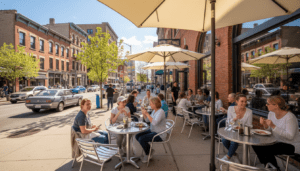 People eating at a Detroit outdoor dining patio on a sunny spring day