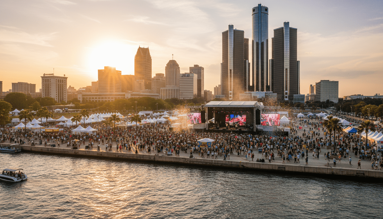 Crowd gathering at Hart Plaza for Detroit events 2026 with the Renaissance Center in the background