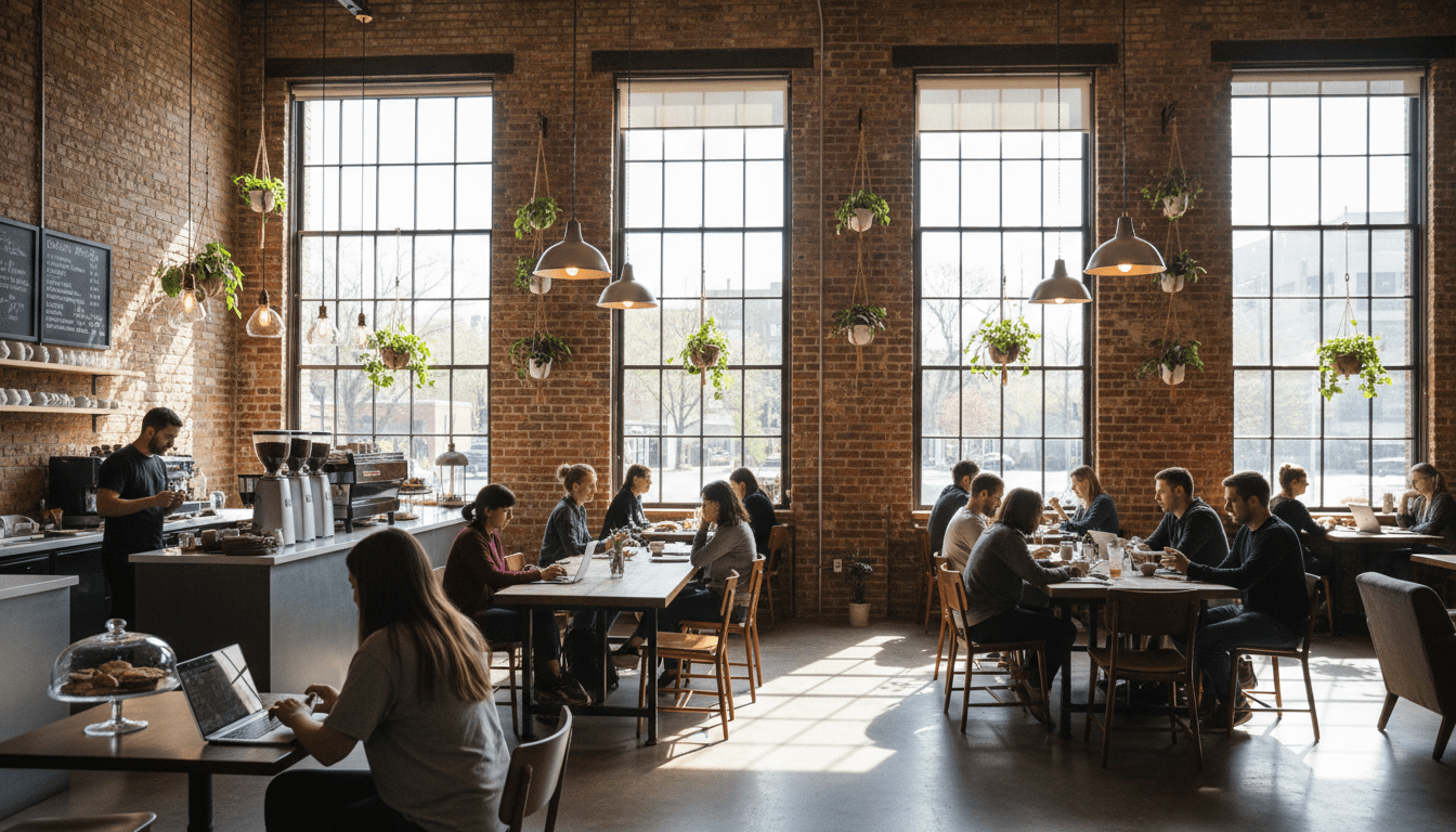 Interior of a bustling Detroit coffee shop in Spring 2026 showing customers and baristas in a renovated industrial space