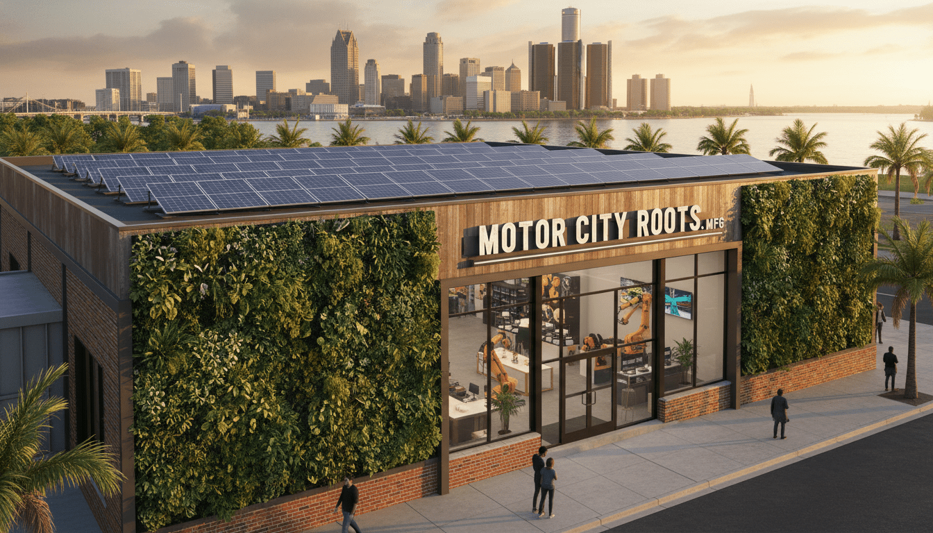 Detroit sustainable business building with solar panels and green infrastructure