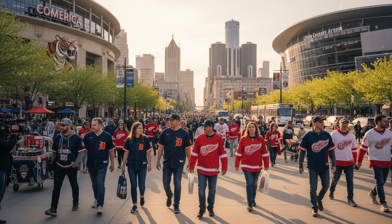 Fans gathering in downtown Detroit for Detroit sports spring 2026 events near Comerica Park