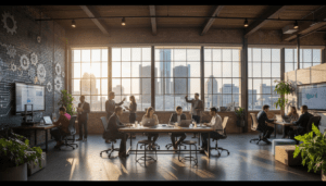 Detroit startup entrepreneurs collaborating in a modern office with the city skyline in the background