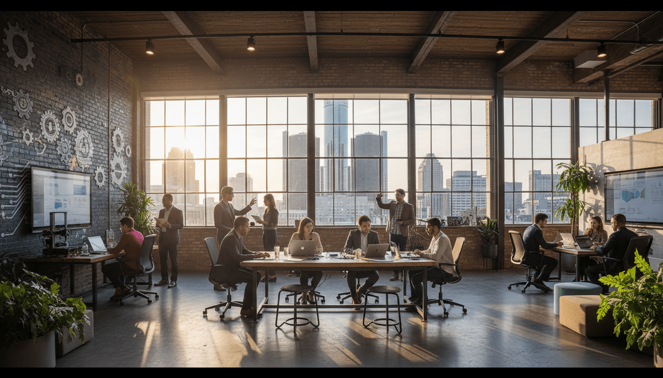 Detroit startup entrepreneurs collaborating in a modern office with the city skyline in the background