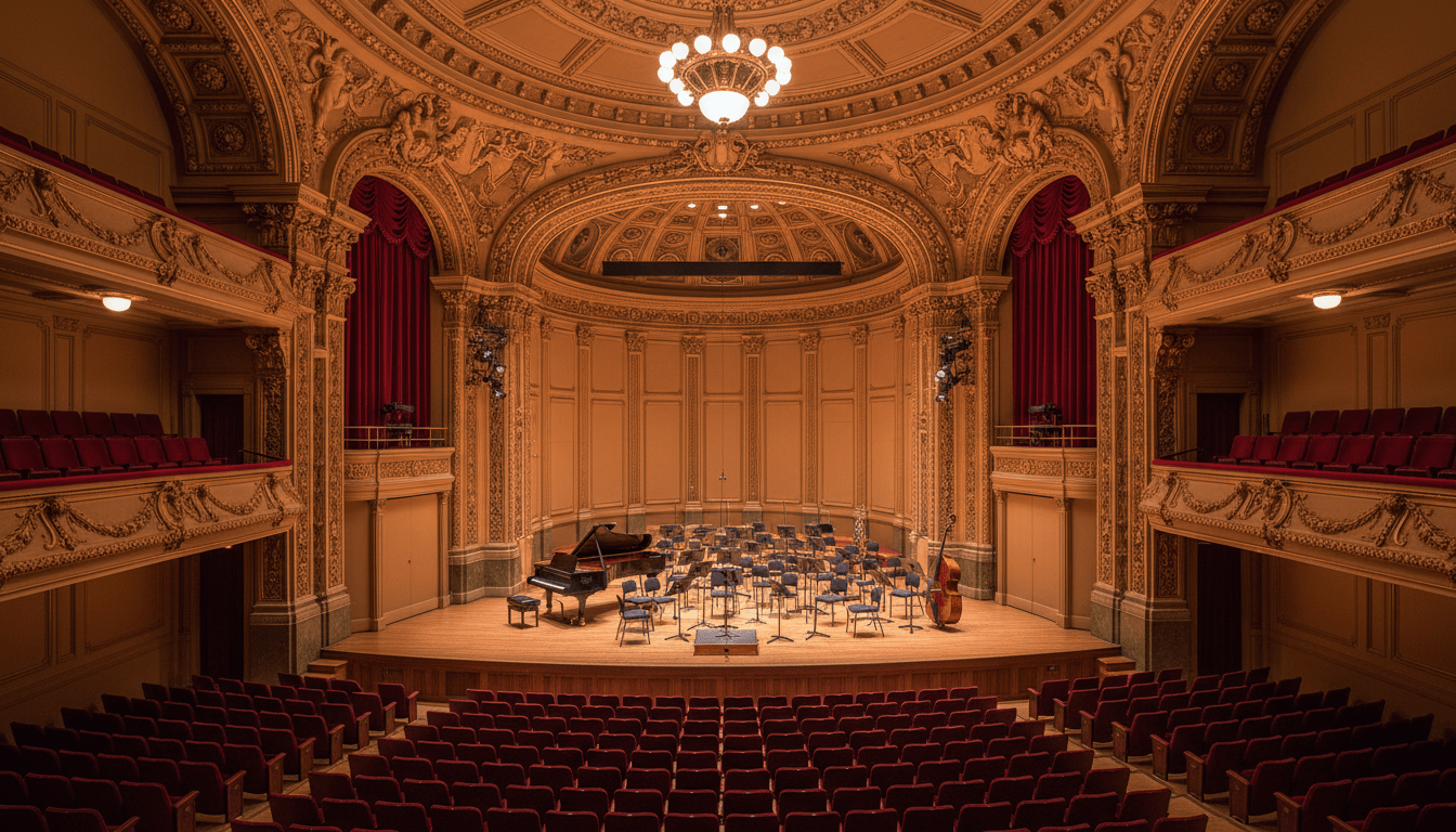 Interior of Orchestra Hall stage prepared for upcoming Detroit Symphony events and concerts