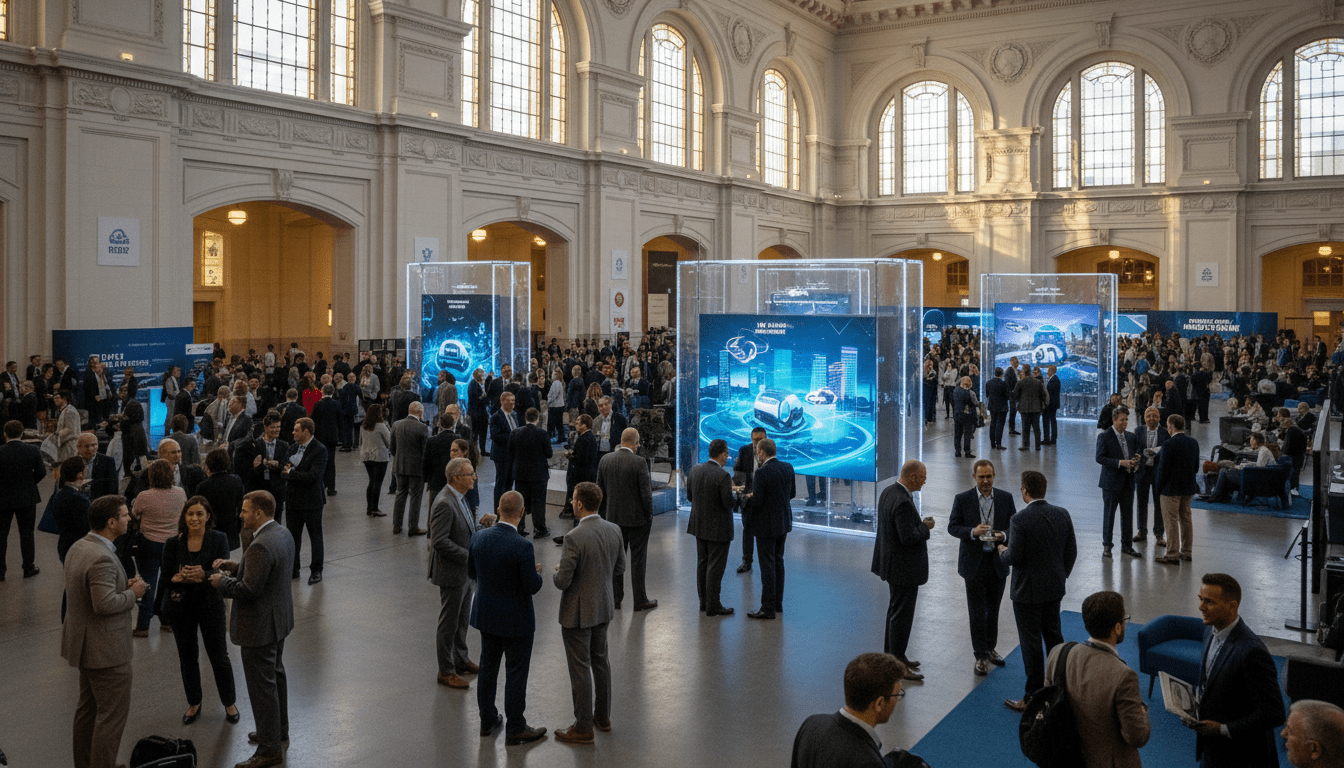 Professionals networking at one of the major Detroit tech events 2026 inside Michigan Central Station.