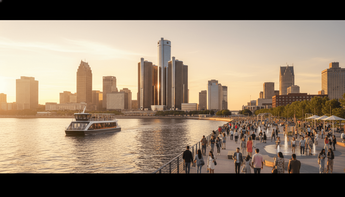 Detroit tourism landscape featuring the new riverfront park and skyline in 2026
