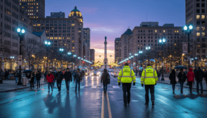 Safety ambassadors patrolling near Campus Martius representing the proposed Downtown Detroit safety levy