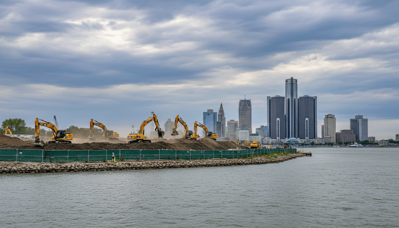 Construction equipment working on soil remediation at the Detroit Riverfront with city skyline in background