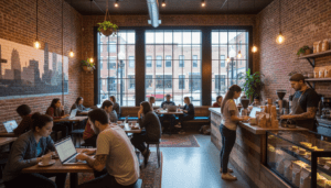 Interior of one of the independent Detroit coffee shops bustling with customers in a renovated building