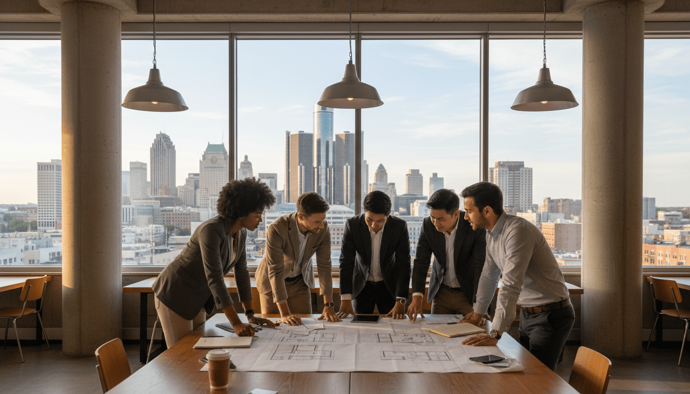 Entrepreneurs collaborating on a Detroit business startup plan in a downtown office