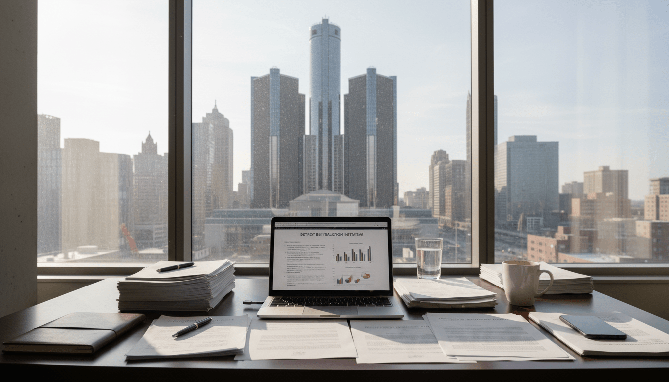Detroit business startup legal documents on a desk with city skyline background