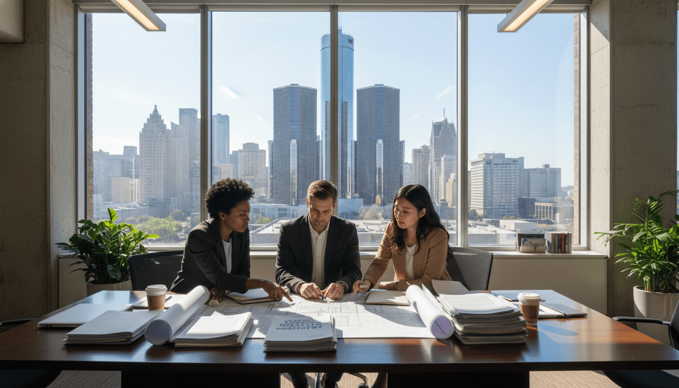 Entrepreneurs reviewing documents representing legal considerations for starting a business in Detroit
