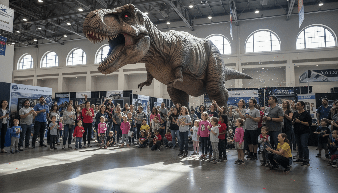 Families looking at a large animatronic T-Rex while holding Dinosaur Adventure Detroit tickets