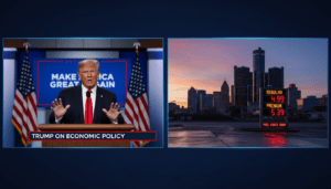 President Trump announcing a combat operation in Iran alongside a view of the Detroit skyline and gas prices.