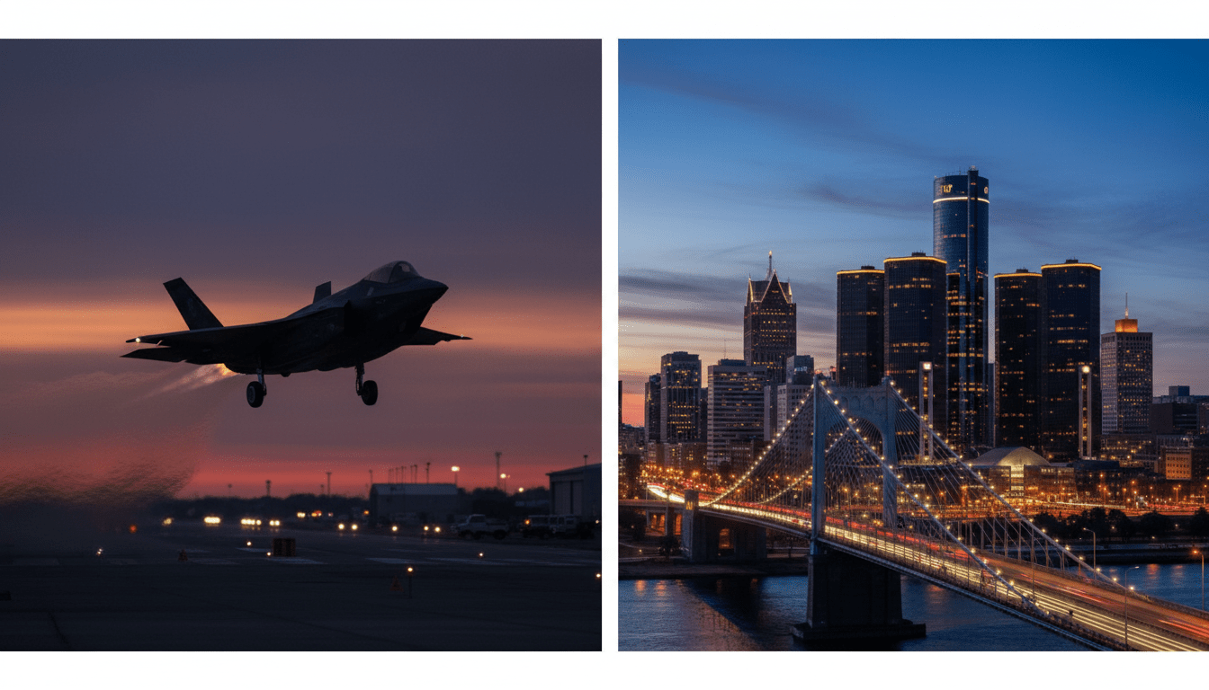 Detroit skyline split with military jet representing US-Iran conflict impact on the city
