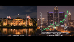 Trump Iran strikes news graphic showing Mar-a-Lago and Detroit skyline