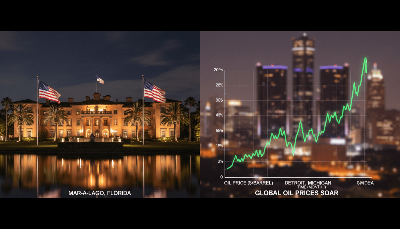 Trump Iran strikes news graphic showing Mar-a-Lago and Detroit skyline