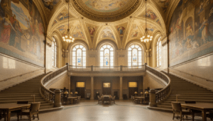 The grand historic Detroit library architecture of the Main Branch interior.