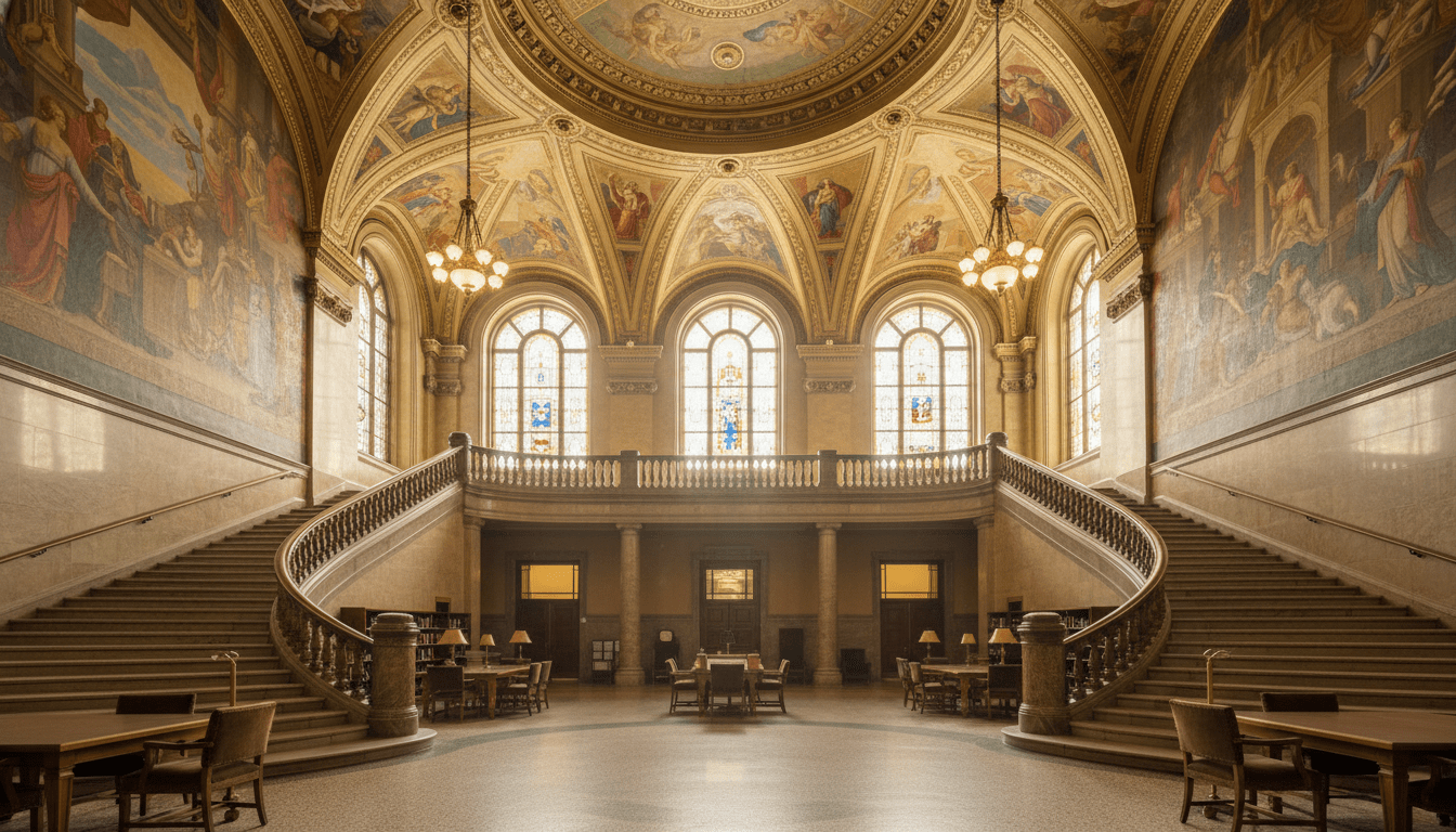 The grand historic Detroit library architecture of the Main Branch interior.