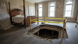 Detroit bedroom mystery revealed as floorboards open up to a sinkhole under the bed