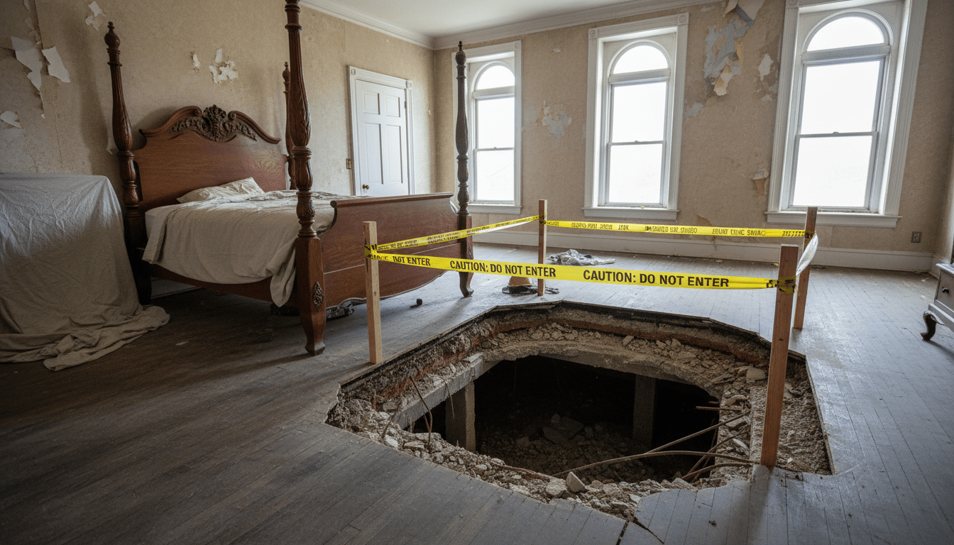 Detroit bedroom mystery revealed as floorboards open up to a sinkhole under the bed