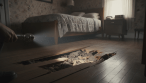 Parents investigating a bedroom mystery by looking under a bed in a Detroit home