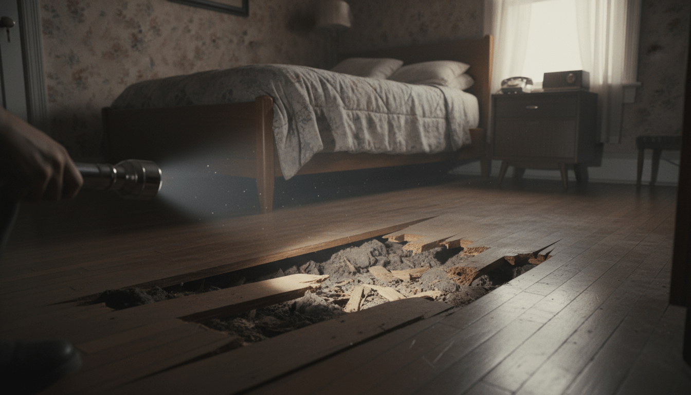 Parents investigating a bedroom mystery by looking under a bed in a Detroit home