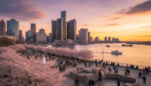 A busy scene of spring events Detroit at Hart Plaza with the skyline in the background.
