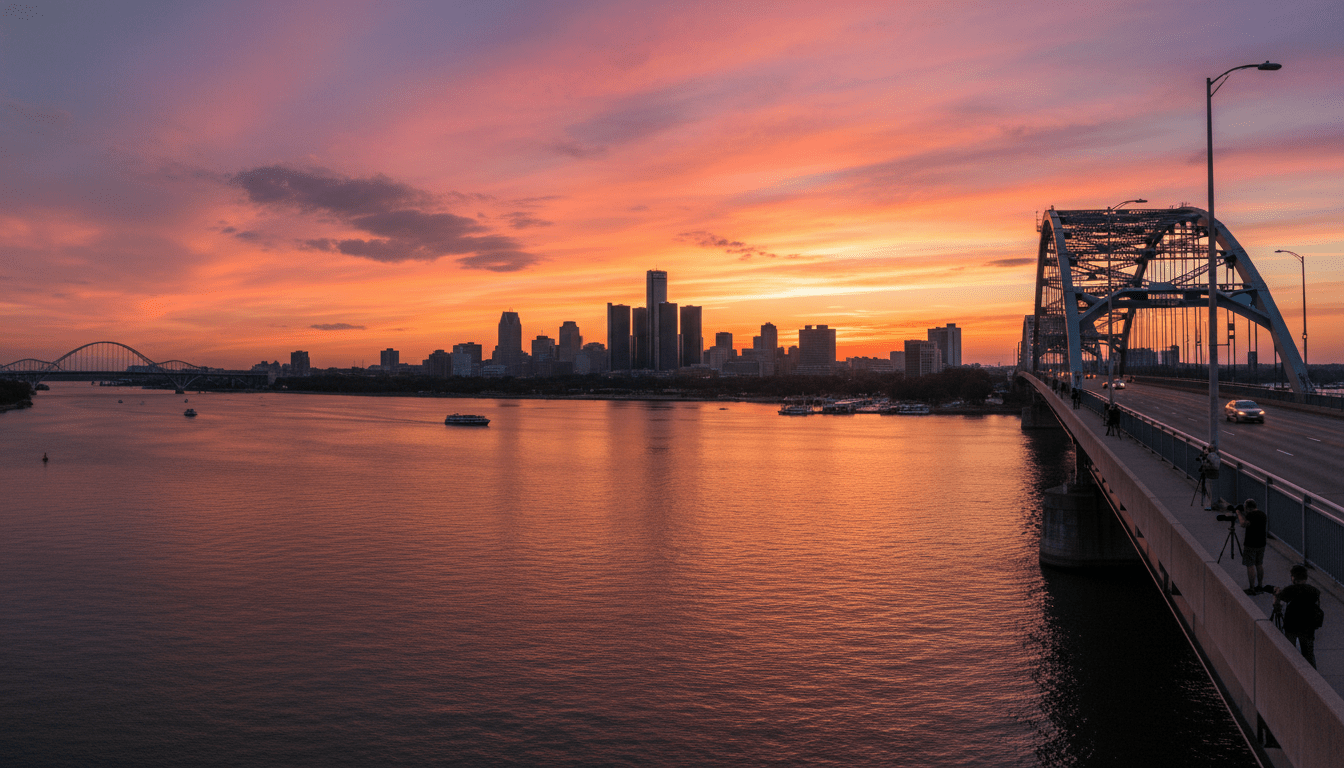 A stunning sunset view of the Detroit bridge and the city skyline from the water.