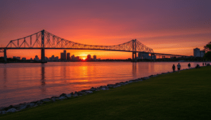 A stunning Detroit bridge sunset view with the city skyline in the background