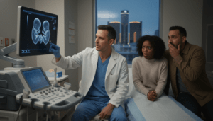Doctor pointing at an ultrasound discovery on a monitor in a Detroit hospital room