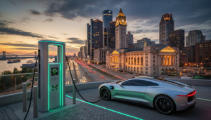 A modern electric vehicle charging station in front of the historic Michigan Central Station, representing the Detroit EV industry.