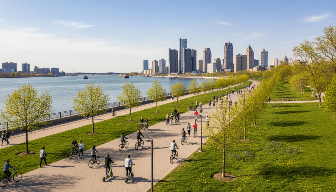 Residents participating in Detroit outdoor activities along the new riverfront expansion.