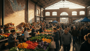 A busy Saturday morning at Detroit farmers markets featuring fresh local produce and crowds at Eastern Market.