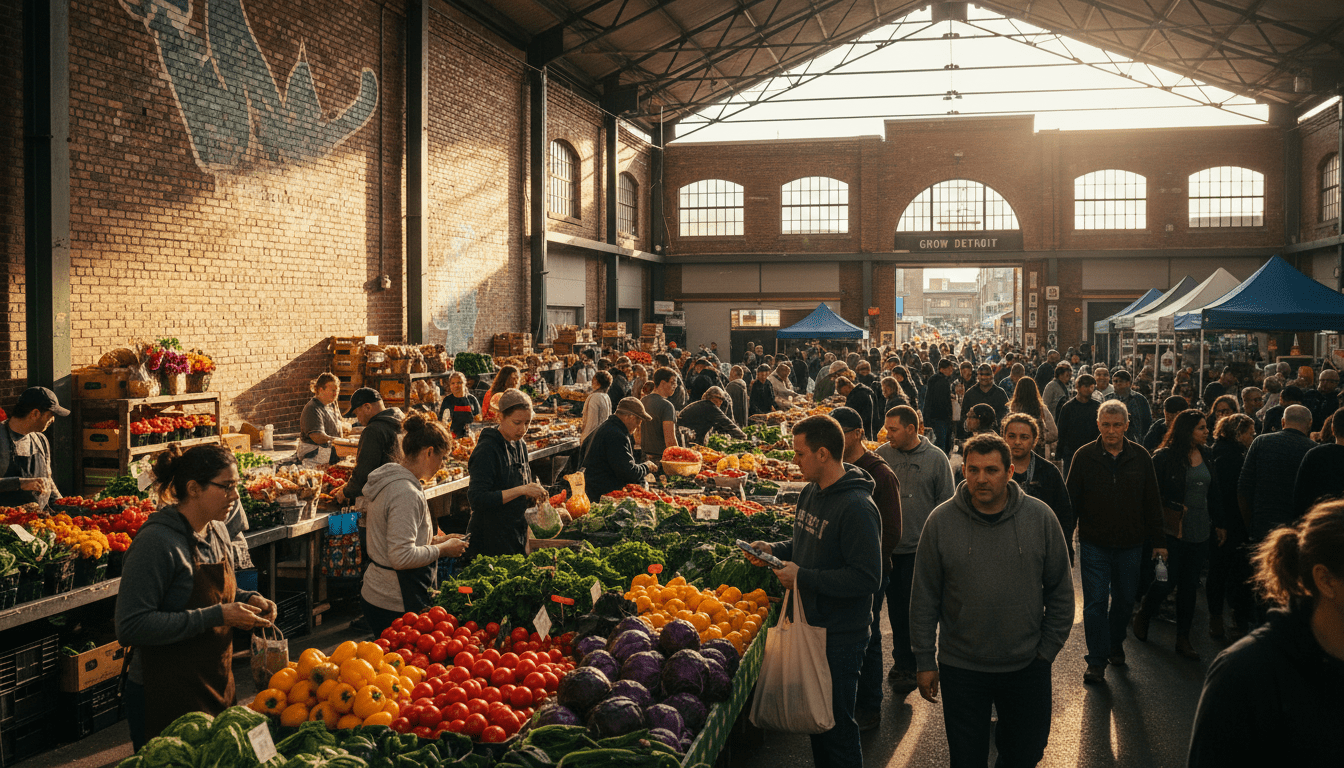 A busy Saturday morning at Detroit farmers markets featuring fresh local produce and crowds at Eastern Market.