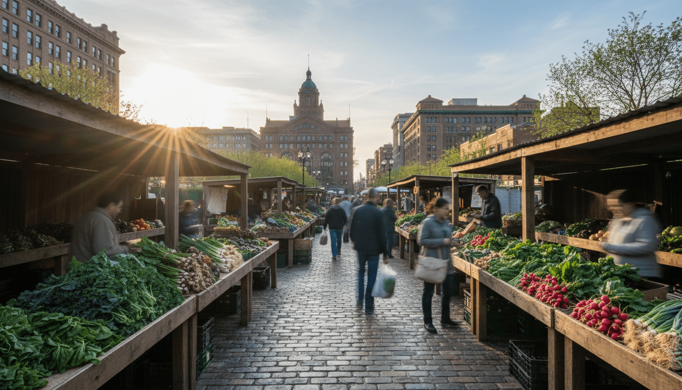 A busy scene at one of the many Detroit farmers markets during the spring season.
