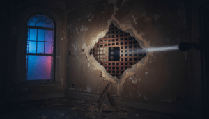 Contractor examining a hole in the plaster during a Detroit wall mystery investigation