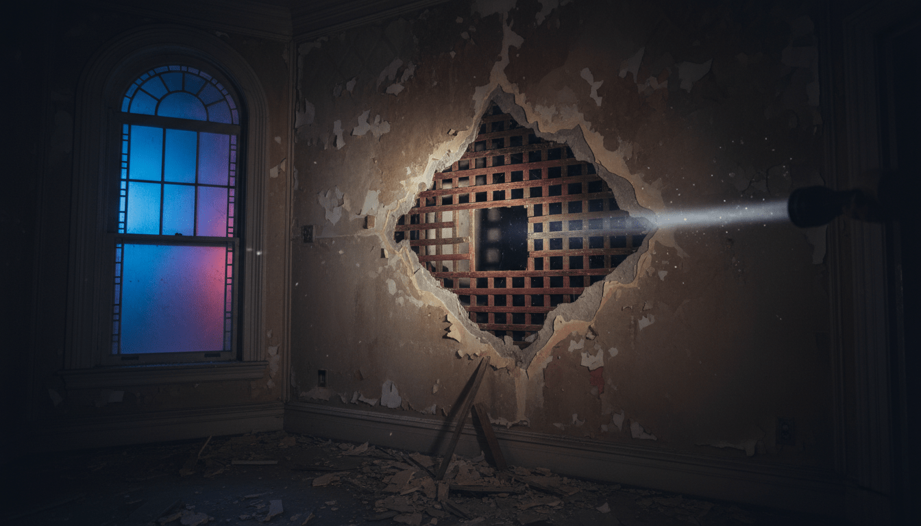 Contractor examining a hole in the plaster during a Detroit wall mystery investigation