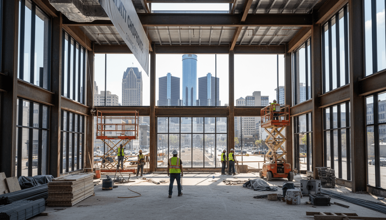 A modern construction site for new restaurants in Detroit overlooking the city skyline.