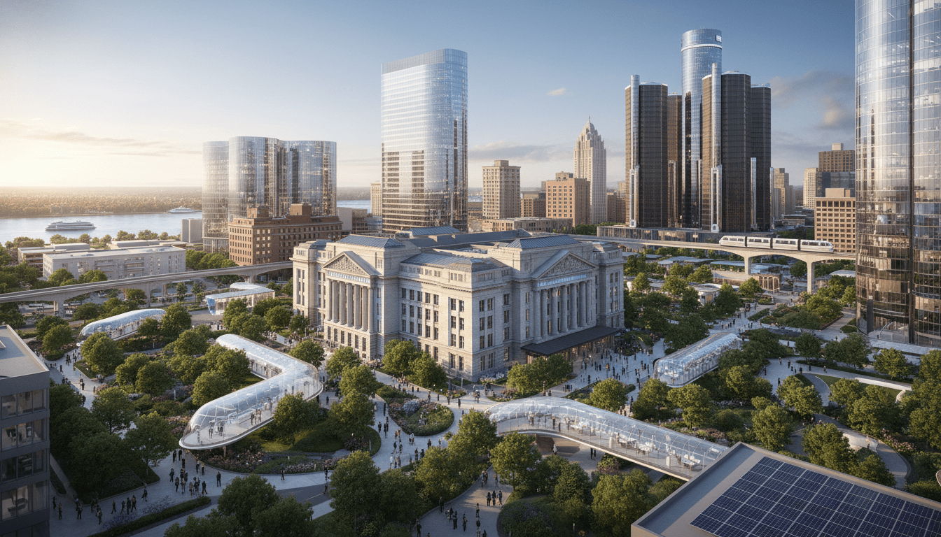 A view of the thriving Detroit innovation districts with modern tech hubs and restored historic landmarks.