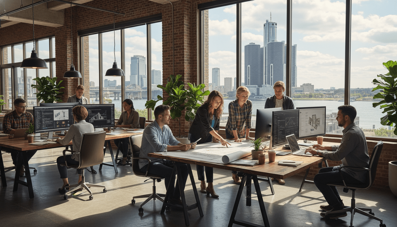 A professional setting in the city illustrating the future of Detroit jobs 2026 and economic growth.