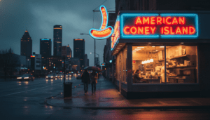 A vibrant Detroit late night food scene featuring a glowing neon diner sign in the city center.