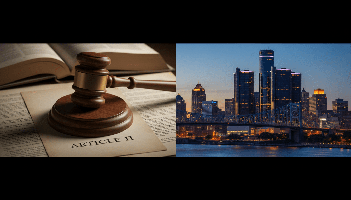Detroit skyline split with a gavel representing Trump legal case for war against Iran
