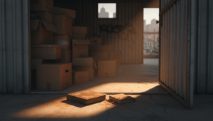 Open storage unit with boxes containing hidden evidence from a storage auction in Detroit
